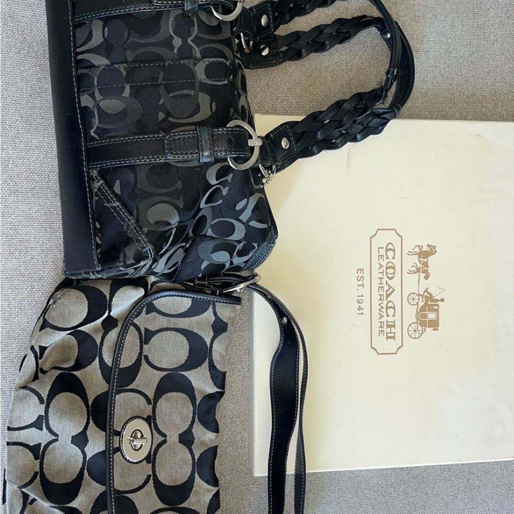 Used Coach Black and Gray Shoulder Bags with Signature Design